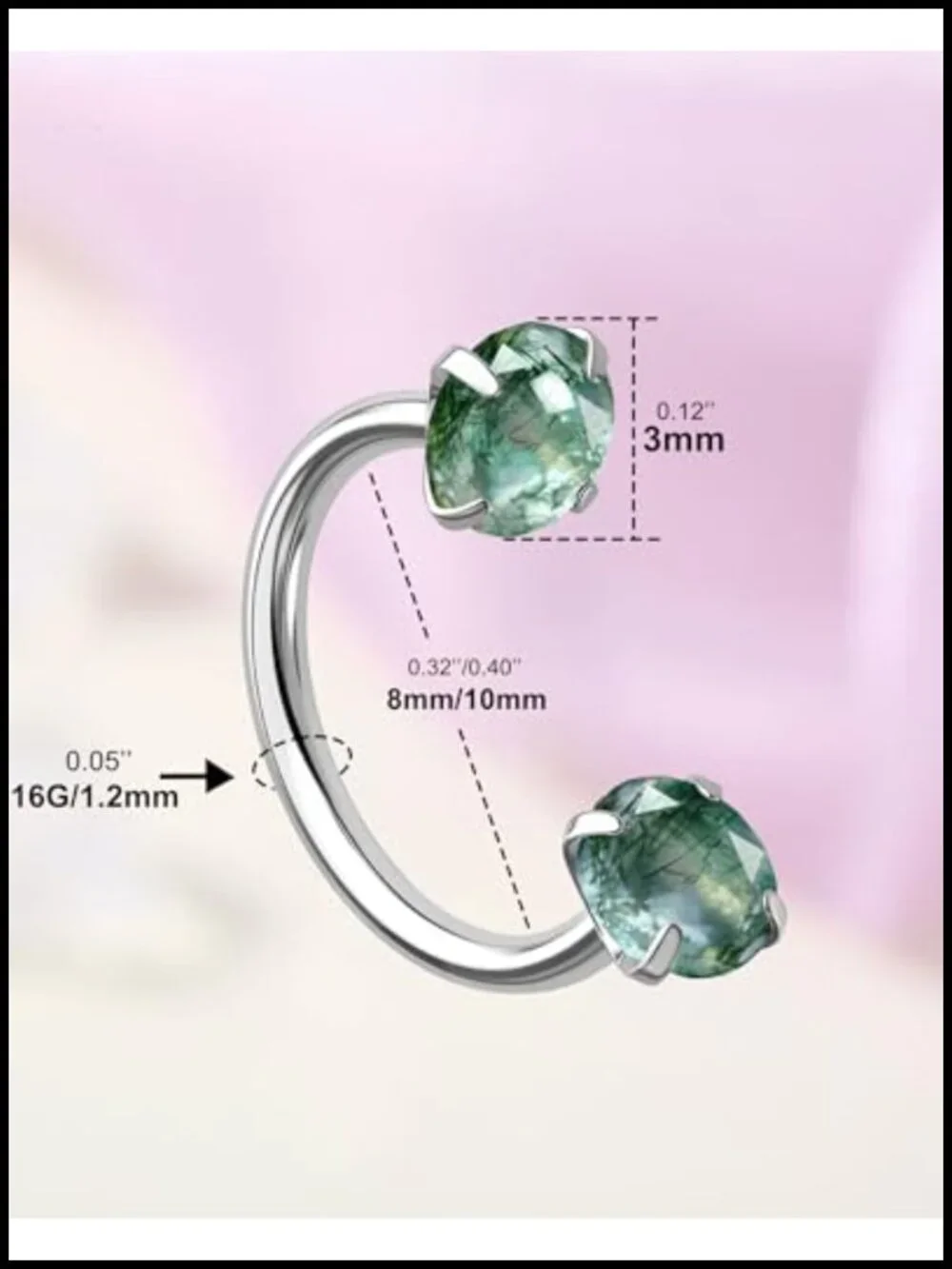 2pc 16G Surgical Steel Horseshoe Lip Ring with Cubic Zirconia - Internally